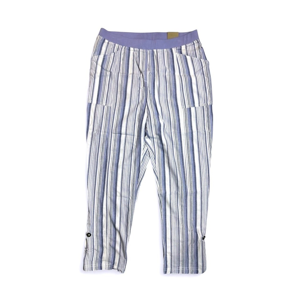 Chicos Impact Stripe Pull On Cargo‎ Pants Blue White Alabaster Size 10